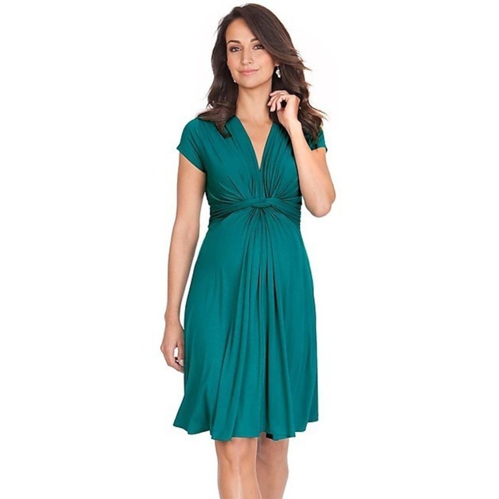 Seraphine Maternity Jolene Jersey Dress Green Knot Front V-Neck 3/4 Sleeve Sz 12